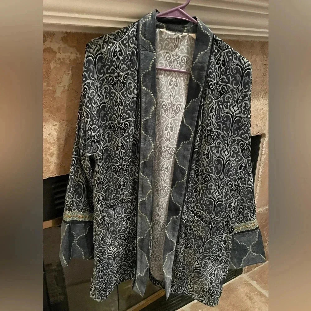 Soft Surroundings Aurora Patchwork Velvet Cardigan Boho Casual Hippie LG